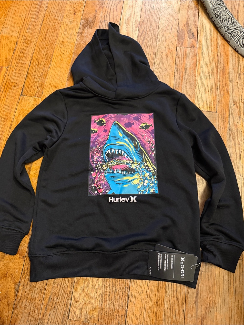 Hurley Black Hoodie with Blue and Pink Shark Graphic